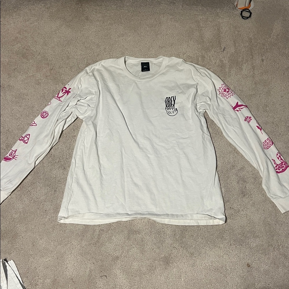 Size large obey worldwide white long sleeve tee with pink detail